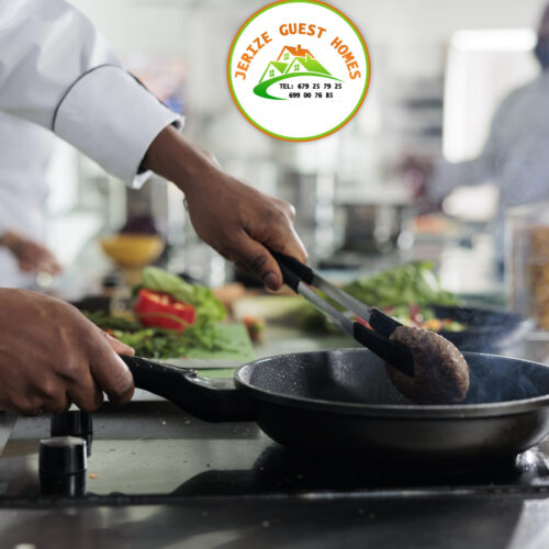 Gastronomy expert cooking succulent beef patty in hot pan while cooking gourmet dish for dinner service at restaurant. Food industry worker preparing meat for meal in professional kitchen.