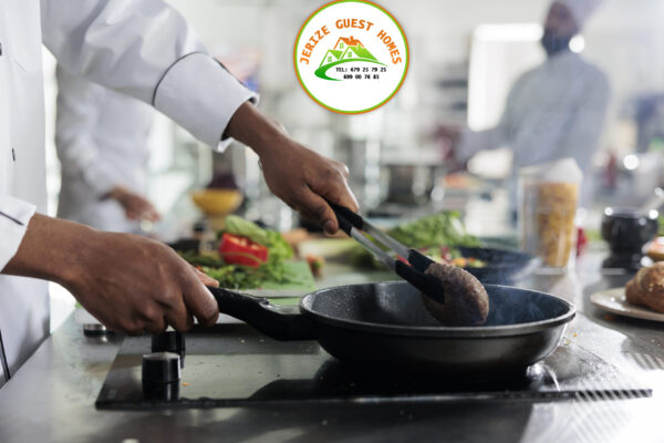 Gastronomy expert cooking succulent beef patty in hot pan while cooking gourmet dish for dinner service at restaurant. Food industry worker preparing meat for meal in professional kitchen.